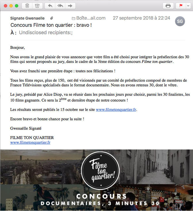 Mail d’annonce de la sélection
